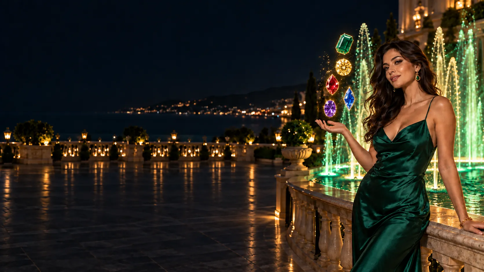Woman gesturing toward glowing gem-shaped symbols beside plaza fountains