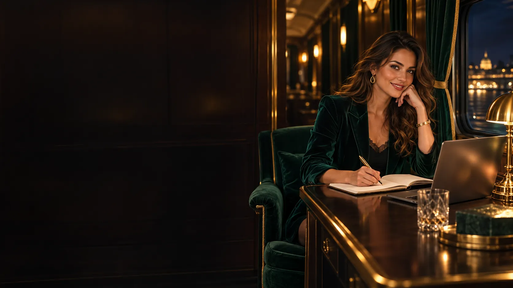 Smiling author writing a casino guide at a desk in a luxury train lounge car