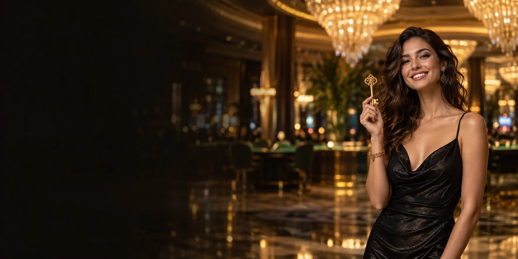 Smiling woman holding an ornate gold key in a crystal-lit casino atrium, unlocking Here2Win Casino rewards