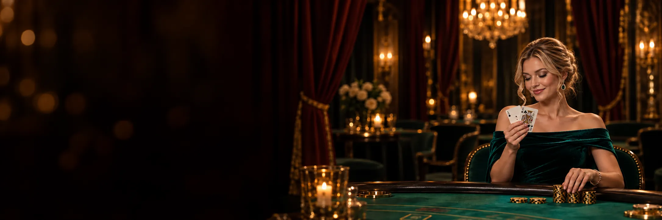 Woman in a velvet gown fanning a winning blackjack hand in a candlelit card room