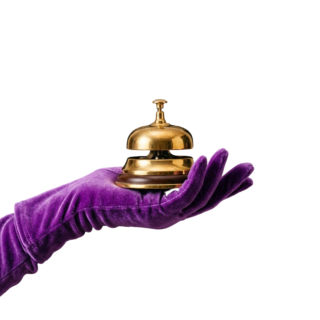 Gloved hand ringing a gold service bell