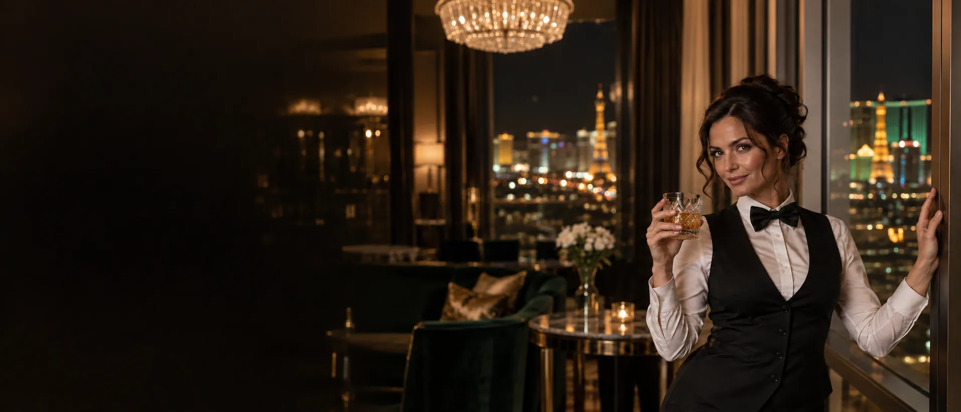Croupier holding a crystal glass by a city-view hotel suite window, setting the scene for Here2Win Casino answers