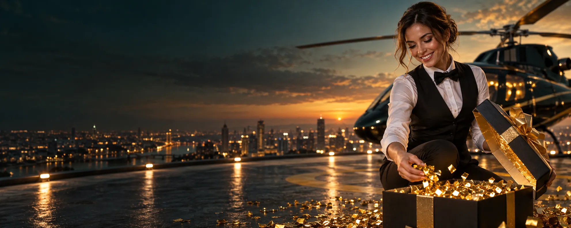 Croupier opening a gift box spilling gold confetti on a dusk helipad, marking the Here2Win Casino bonus