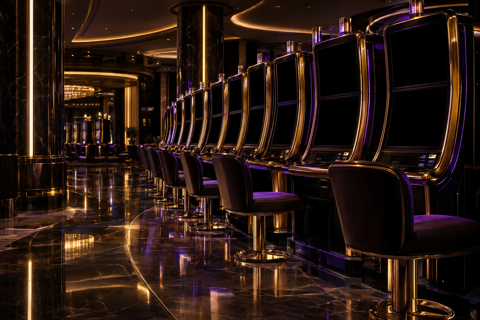 Rows of lit-up slot cabinets across a casino pokie floor