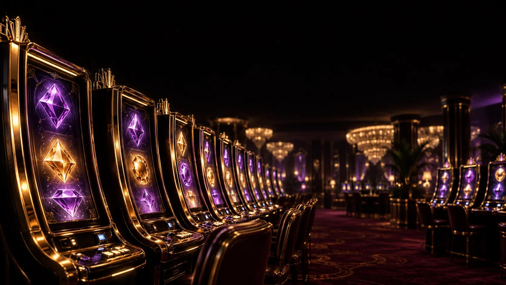 Row of glowing slot cabinets in soft bokeh