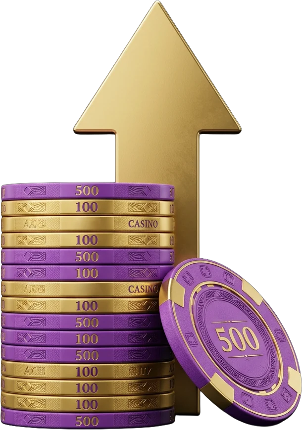 Purple-and-gold poker chip stack echoing Bandit Bust's card-table theme