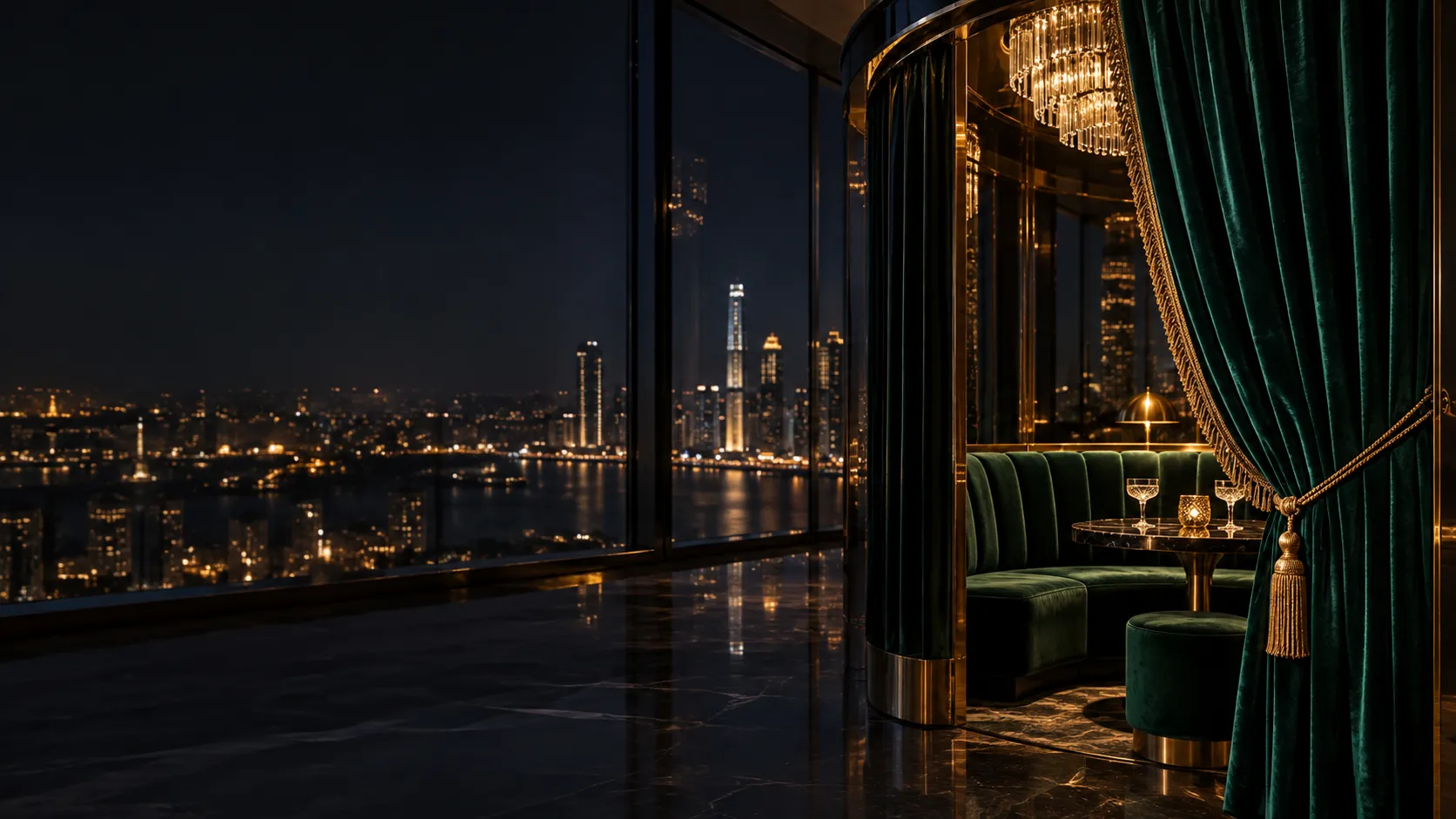 Velvet curtain half-drawn in a glass lounge above a night skyline