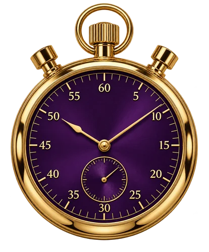 Purple-faced stopwatch on a gold stand, a reminder to pace out a high-volatility session