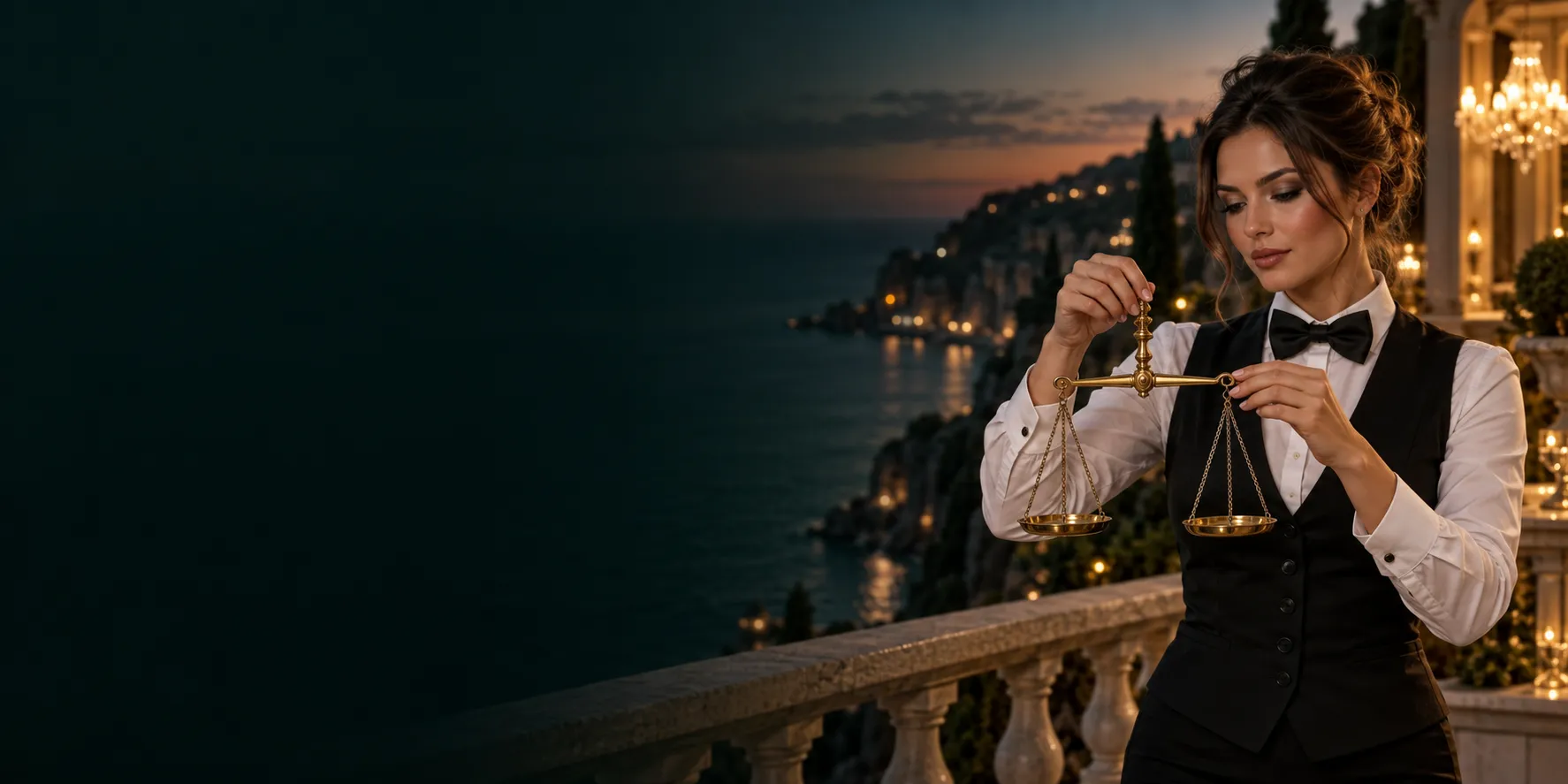 Croupier balancing brass scales on a cliffside villa terrace