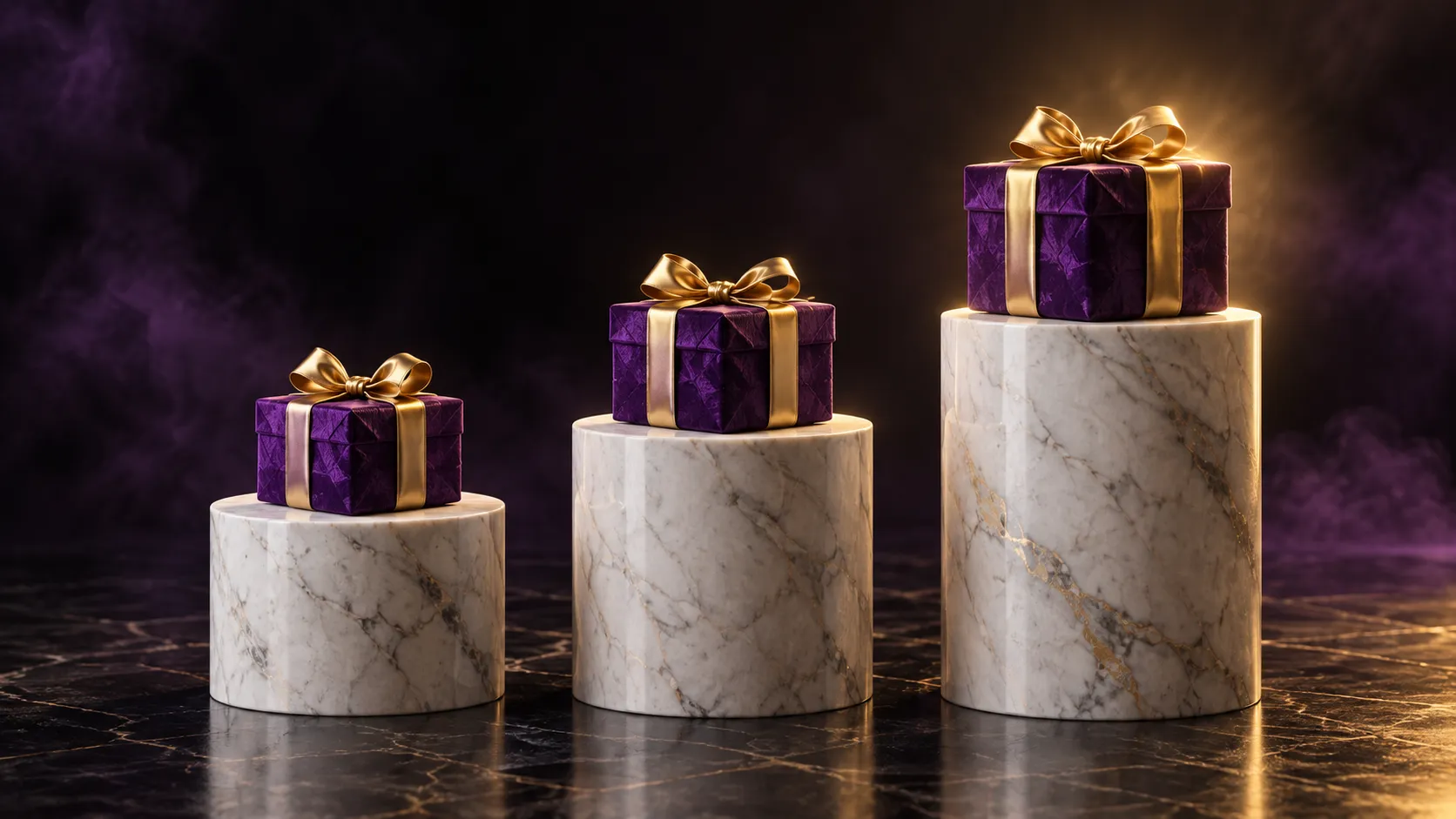 Three brass-rimmed plinths representing the four steps of the Here2Win Casino welcome package