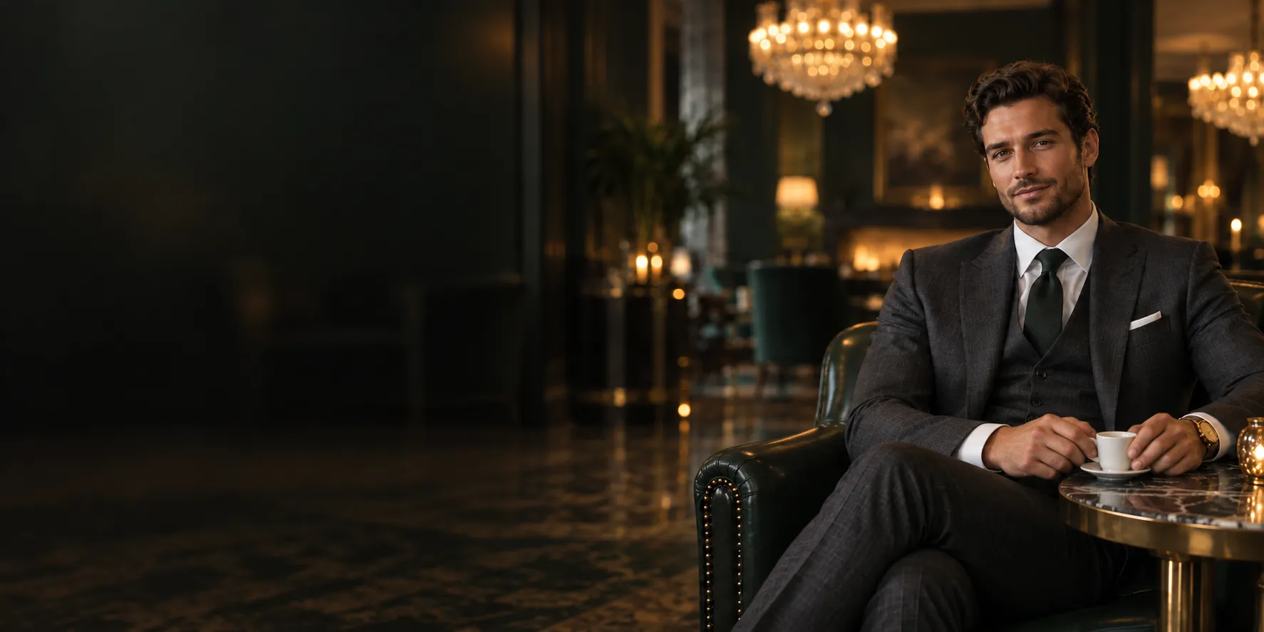 Man calmly holding an espresso cup in a quiet high-roller salon