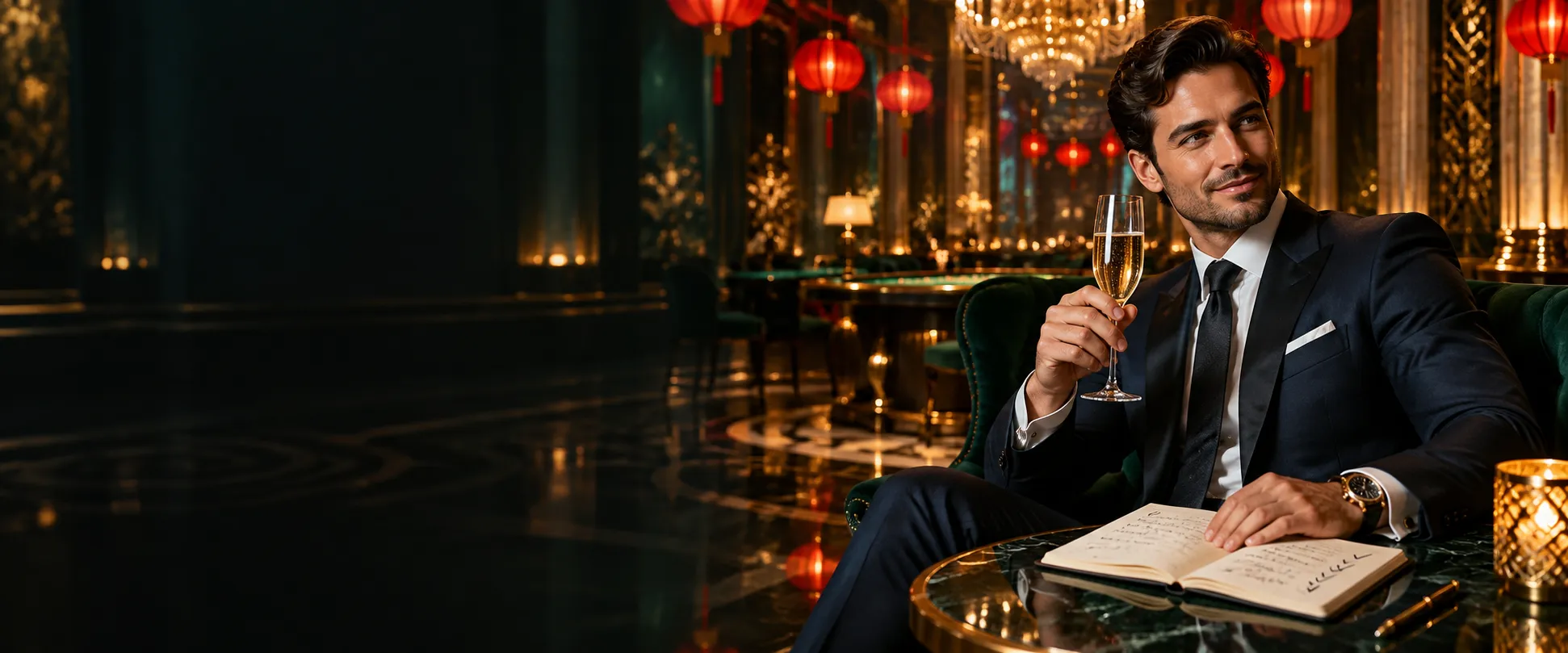 Man checking handwritten notes beside a champagne glass in a lantern-lit casino hall