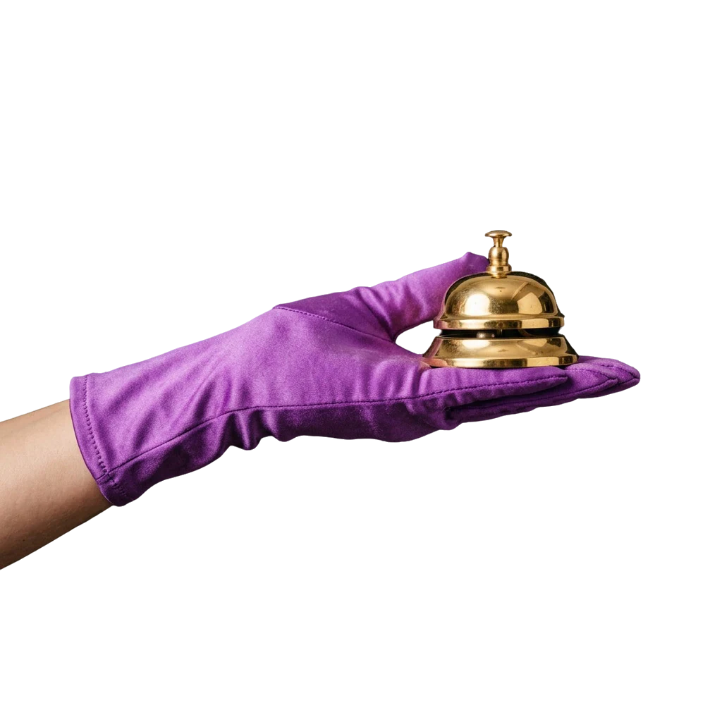 Gold service bell resting in a satin-gloved hand