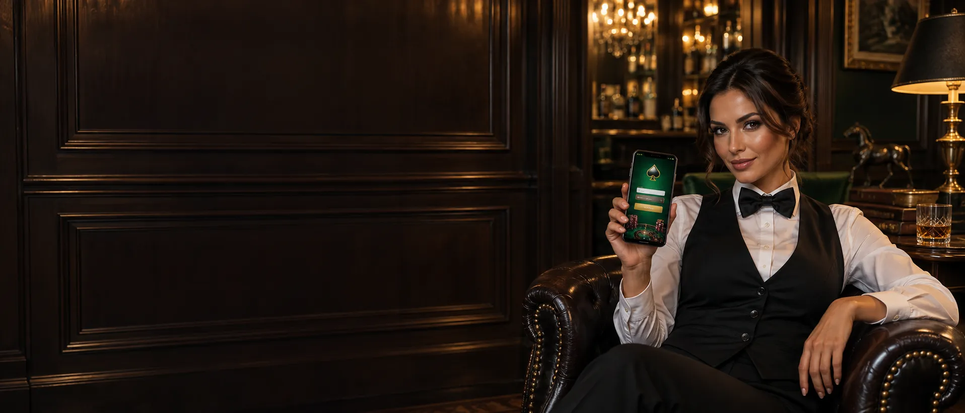 Croupier in a cigar lounge holding a phone that shows a generic casino sign-in screen