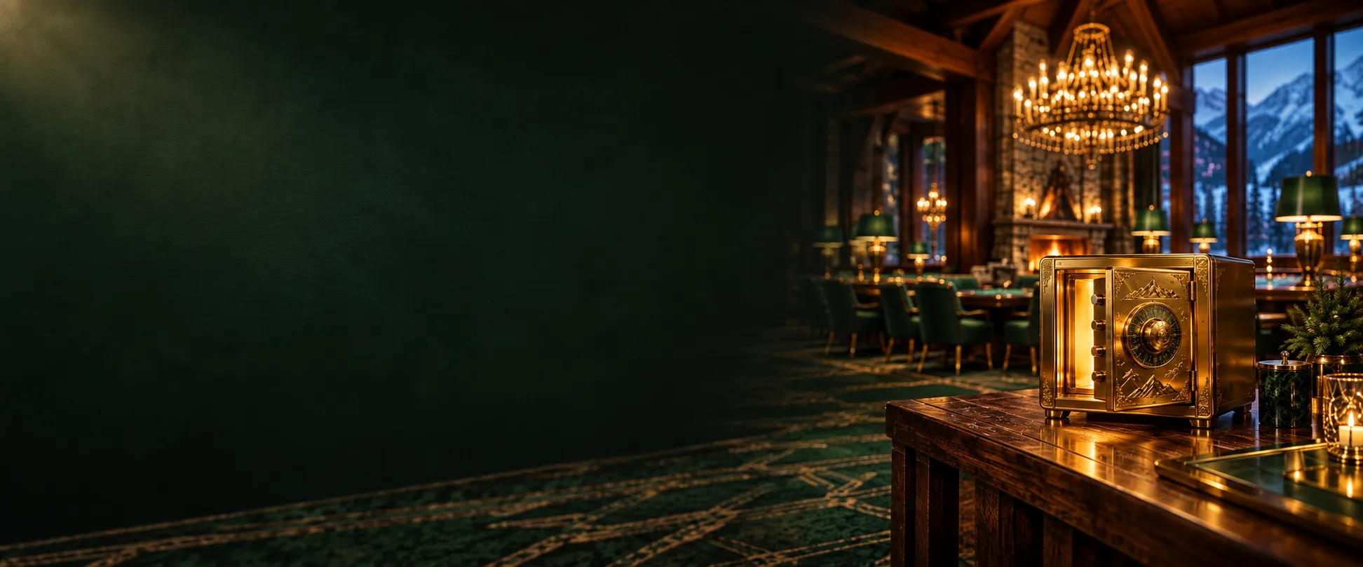 Small gold safe with door ajar inside a warm alpine casino lodge