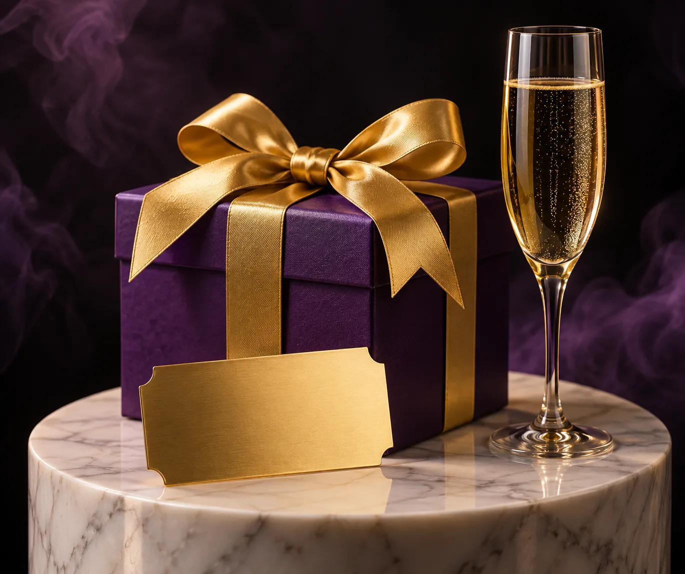 A wrapped gift and ticket on a pedestal, standing in for the Here2Win Casino welcome package